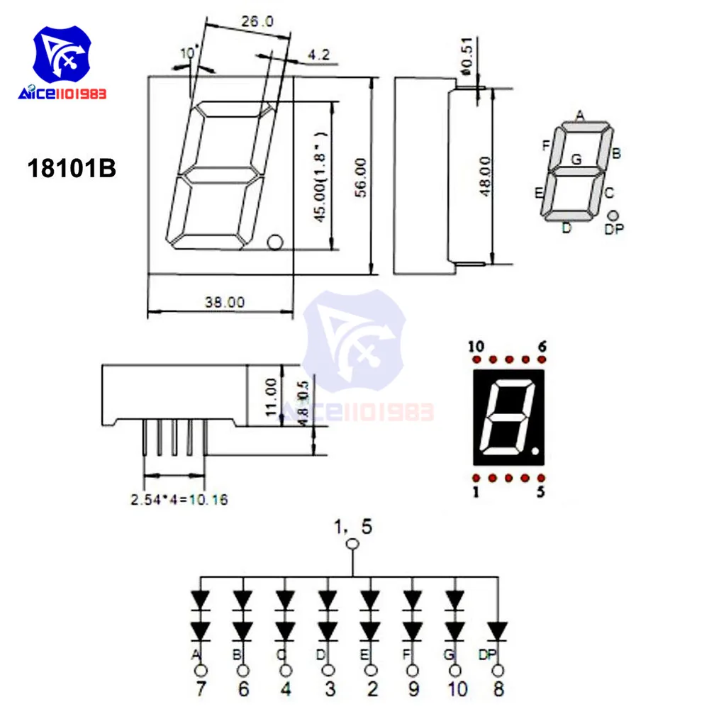 Светодиодный модуль общий катод 10 Pin 1 Bit 7 сегментный 2,2x1,5x0,43 дюймов 1," Красный светодиодный дисплей цифровая трубка