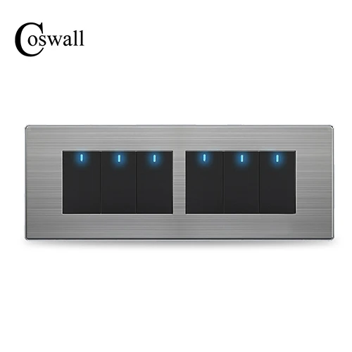 COSWALL 6 Банд 2 способ роскошный светильник Переключатель ВКЛ/ВЫКЛ настенный прерыватель с Светодиодный индикатор панель из нержавеющей стали 197*72 мм - Цвет: Black
