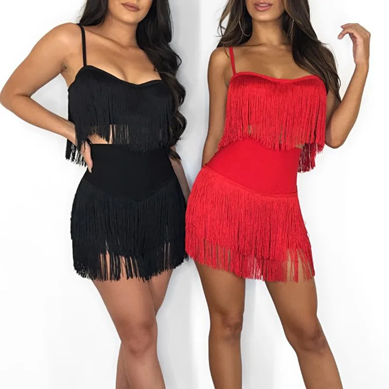 

2019 Summer Women suits Sexy Tassel 2 Pieces Outfits Cami Strap Bra Crop Top Stretchy Midi Skirt Bodycon Dress Suits