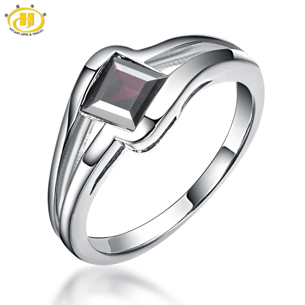 

HUTANG Romantic Natural Black Garnet Solid Rings 925 Sterling Silver Ring Gemstone Fine Jewelry For Women's Birthday Rings Gift