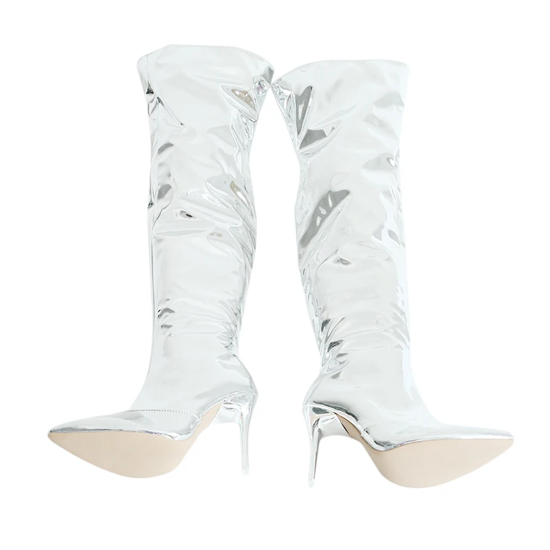 Модные яркие полиуретановое зеркало вечерние женские туфли на высоком каблуке обувь с острым носком г. Большие размеры Сапоги выше колена обувь на молнии 43