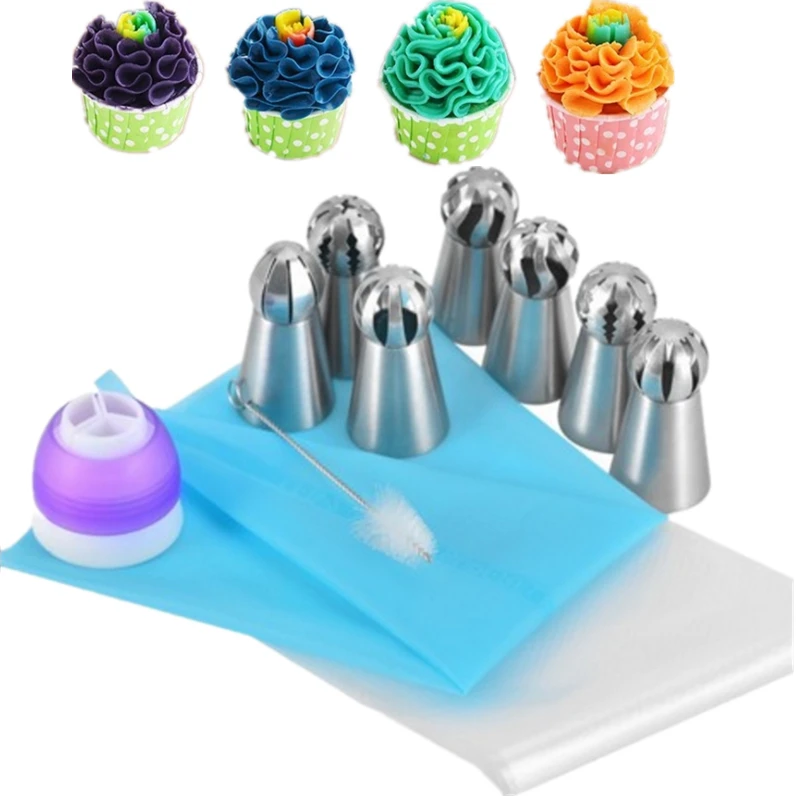 

LINSBAYWU 11PC/set Pastry Accessories Russian Piping Tips And Coupler Ball Stainless Steel Icing Nozzle Cupcake Baking Tools