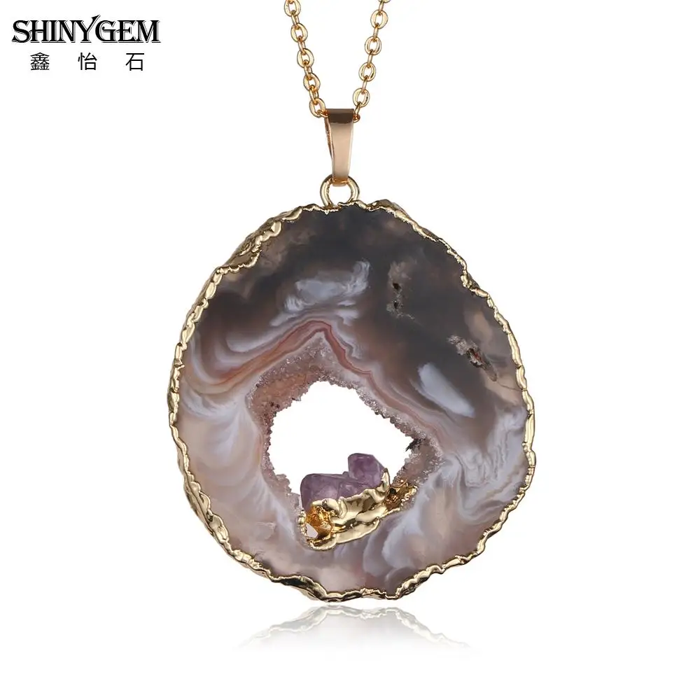 ShinyGem Lucky черная коричневая подвеска-Агат ожерелье скрывающее маленькие золотые аметисты минеральное натуральное драгоценное камень ожерелье s для женщин и мужчин