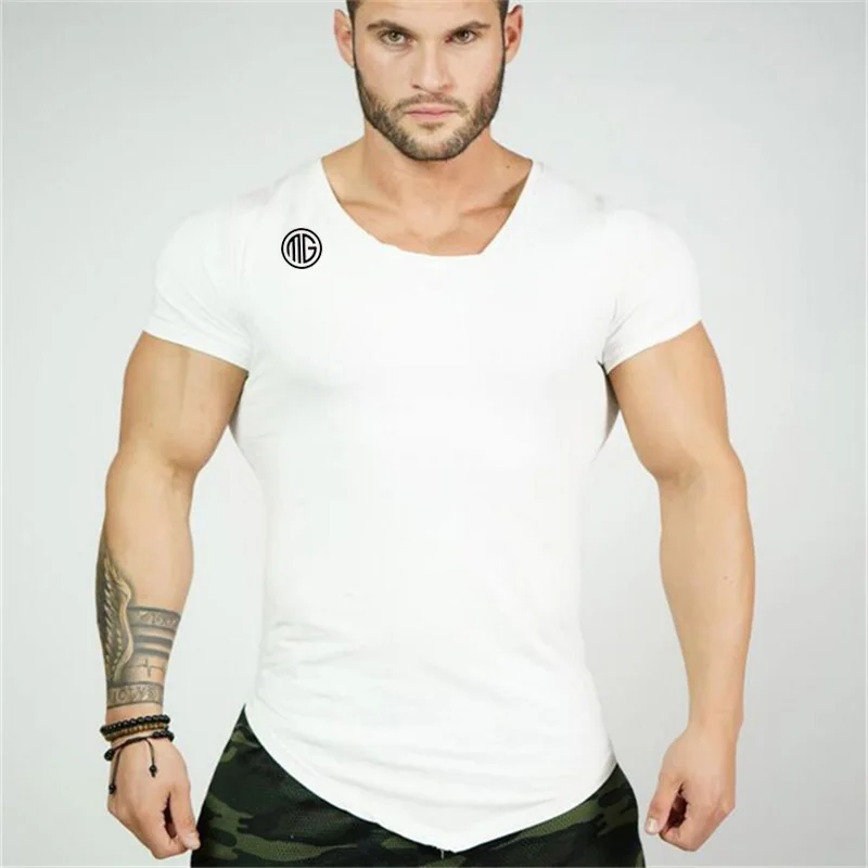 Летняя Модная брендовая футболка, мужская спортивная одежда с v-образным вырезом и коротким рукавом, облегающая футболка, Мужская компрессионная футболка