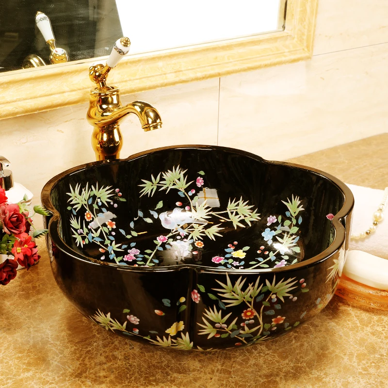 Flower and bird Art Basin Sinks Ceramic Counter Top Wash Basin Bathroom Vessel Sinks vanities new ceramic wash basin blue