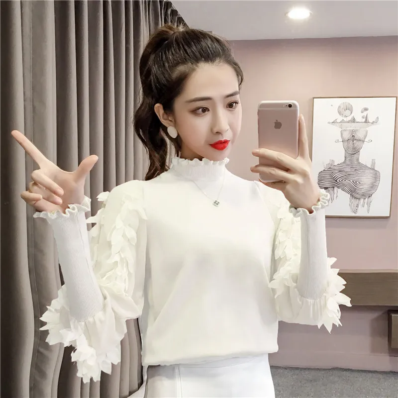 

2019 Spring Ruffled Collar Flowers Sleeves Knitted Pullover Sweaters Women Office Ladies Sweater Female Turtleneck Tricot
