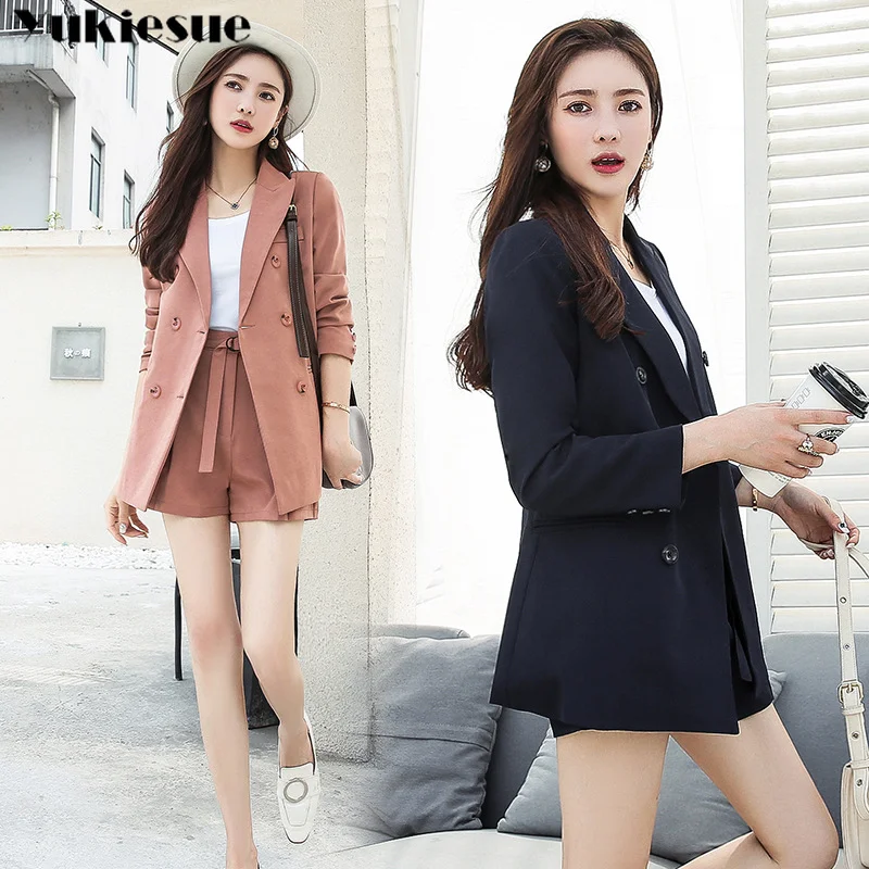 

Autumn Winter Women Formal 2 Piece Set Business pink black double Breasted Notched Collar blazer Coat + OL shorts pants Suits