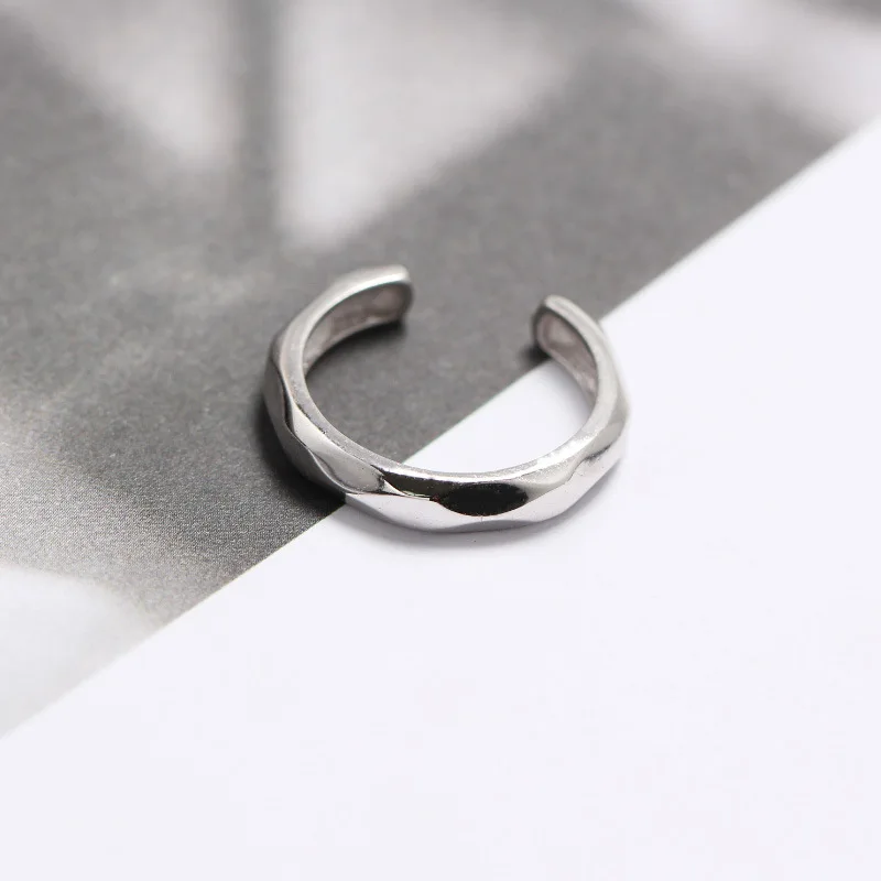 

Authentic S925 Sterling Silver FINE Jewelry Irregular Geometric faceted-CUT Band Wider Rings adjust TLJ554