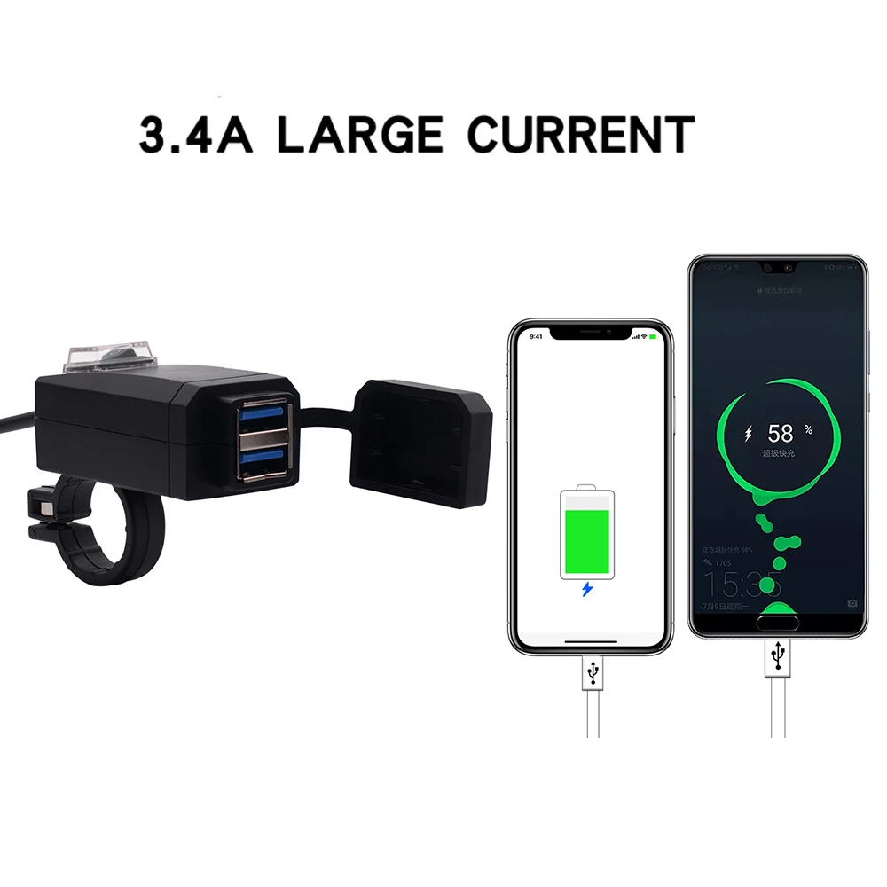 

Motorcycle Bike Phone Charger QC3.0 Dual USB For Cell Phones 12V-24V Power Supply Adapter Waterproof