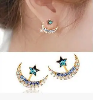 

SUTEYI New fashion gold color blue crystal rhinestone star and moon earring pentacle pendant stud earrings for women jewellery