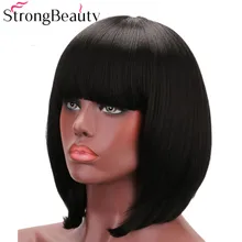 StrongBeauty синтетический парик средней длины Боб с взрыва курчавые прямые натуральные черные волосы боба для женщин высокотемпературные парики