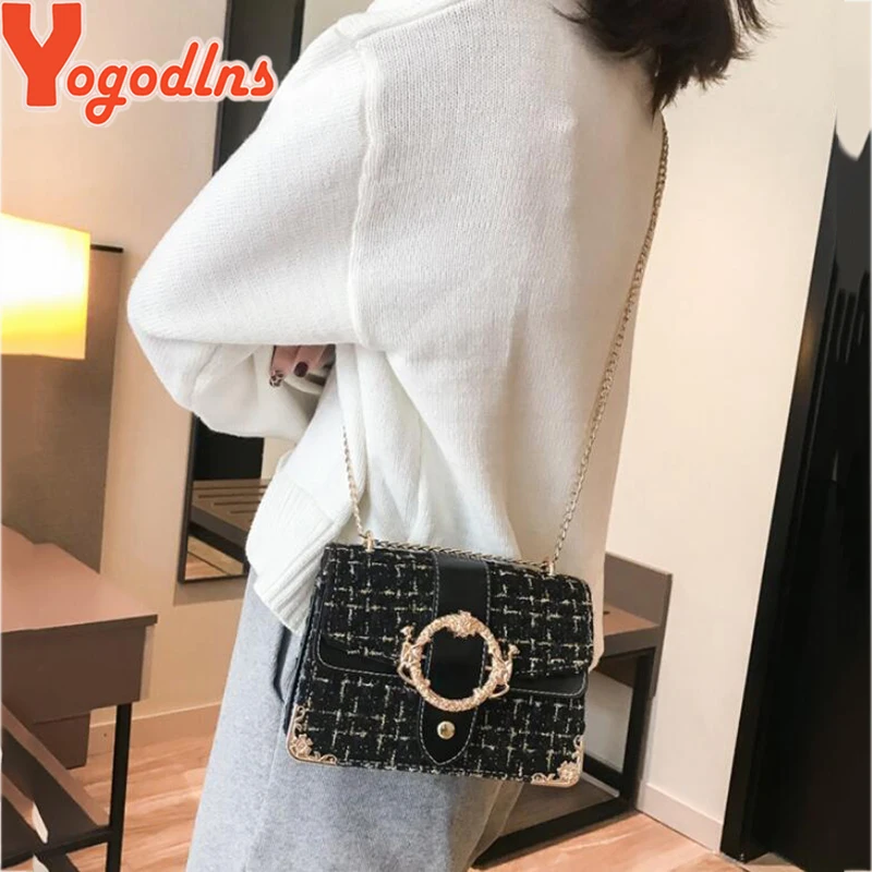 Yogodlns Lattice Wool Women Crossbody Bag Luxury Handbags Designer Brand Ladies Bags Retro Shoulder Messenger Bags Female Chain