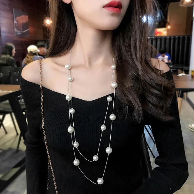 FSUNION 2025 New Long Double Layer Simulated Pearl Necklace Women Sweater Chain  Female Collares Statement Jewlery Gifts 2