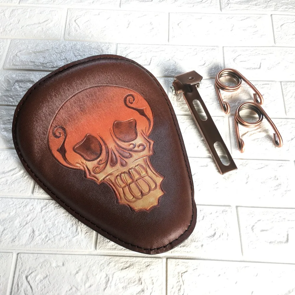 

1set Motorcycle Brown Retro Leather Skull Logo Solo Saddle Seat + 3" Spring Bracket Mounting Base Kit for Cafe Harley Custom