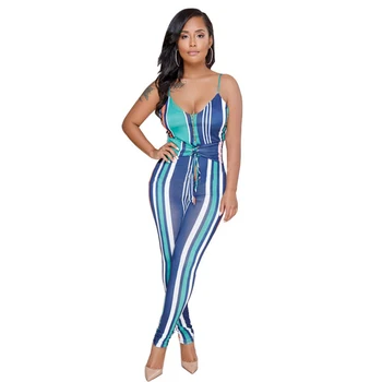 

2018 New Fashion Spaghetti Strap V-Neck Summer Overalls Skinny Casual Rompers Womens Jumpsuit Striped Sexy Jumpsuit