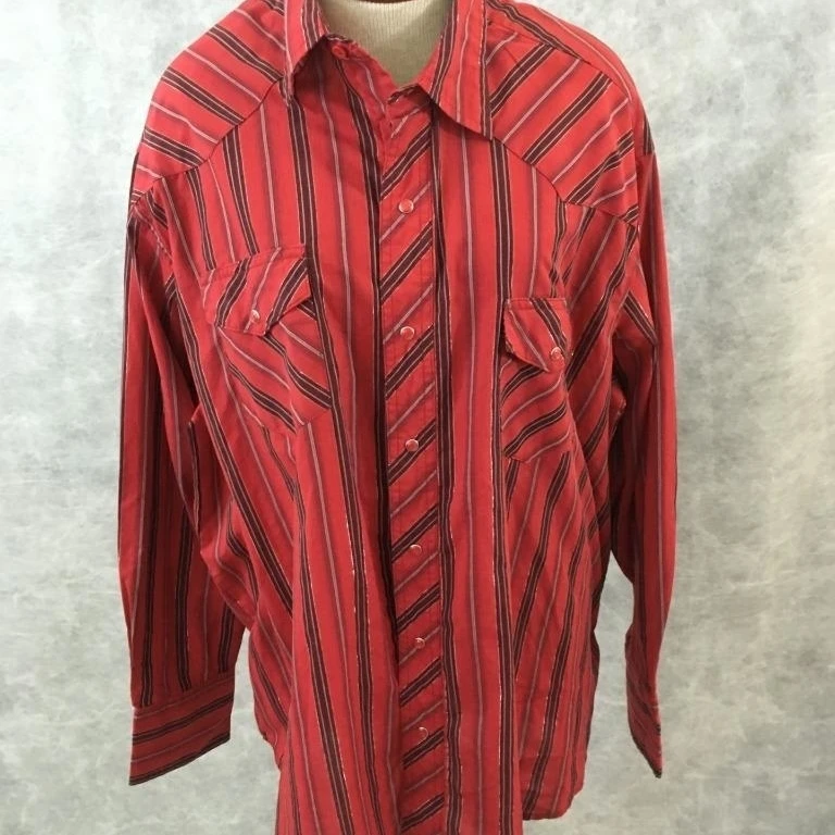 Wrangler top button down Size 2XL long sleeve red gray stripe metallic