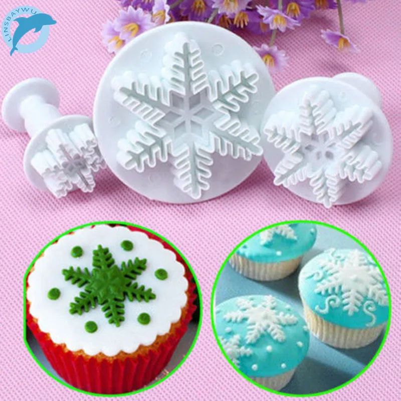 

LINSBAYWU 3pcs/lot Snowflake Mould Fondant Cake Decorating Sugar craft Cutter Plunger Mold #157