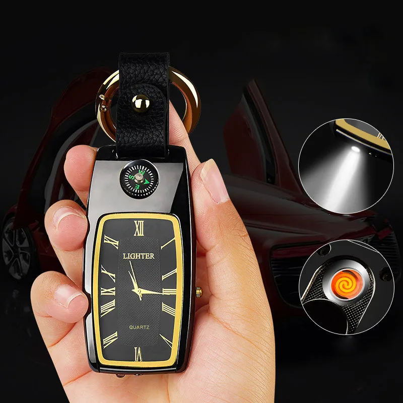 

2019 New Multi-function Outdoor Keychain USB Watch Survival Compass Cigarette Lighter with Light Electric Charging Lighter