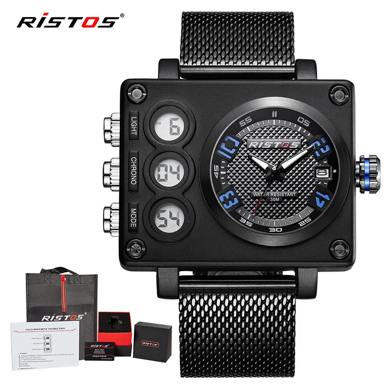 

RISTOS Men Sports Mesh Steel Analog Watches Digital Male Fashion Wristwatch Relojes Masculino Man Chronograph Multifunction 9362