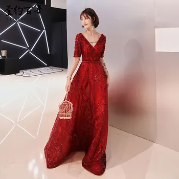 

Sexy Deep V-Neck Ladies Prom Party Gowns Burgundy Elegant Short Sleeve Evening Dress Noble Asian Bride Toast Clothes XS-XXL