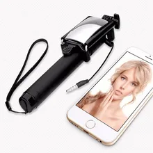 Mini Foldable Wired Selfie Stick Cable Extendable Built-in Mirror Shutter Stick For Android and IOS Smartphone with Black Color