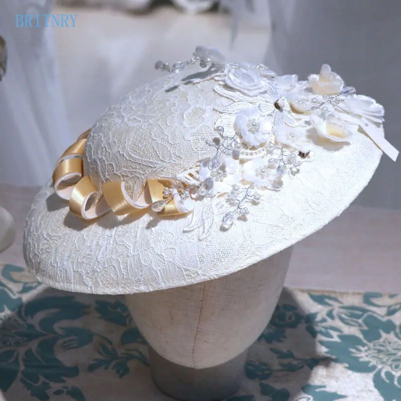 BRITNRY Fashion Lace Bridal Hat Handmade Appliques Beaded Beautiful
