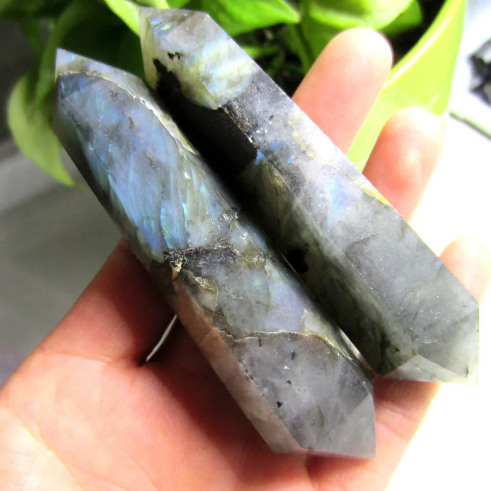 

huij 00582 2PC Natural beautiful labradorite QUARTZ CRYSTAL WAND POINT HEALING