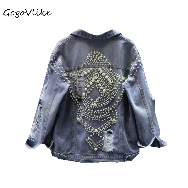 awesome Luxury Pearls Denim coat Punk Rock Jeans jacket 2018 New Beading Hip Hop Holes Coat Big Size Coats