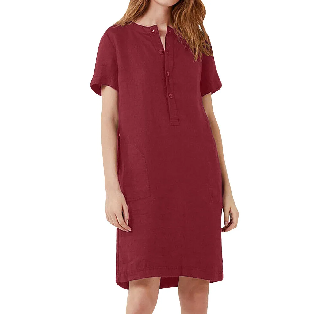 Ретро платье-рубашка из хлопка и льна, женское осеннее платье с круглым вырезом и коротким рукавом, повседневные свободные платья, Летняя женская одежда, чистый цвет - Цвет: Red