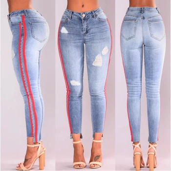 

2018 high street Jeans Women Basic Classic High Waist Skinny Pencil Denim Pants striped ripped hole Elastic Stretch Jeans women