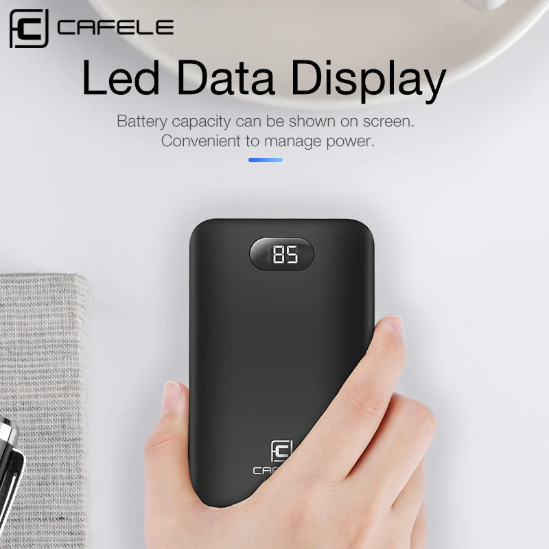 CAFELE 8000mAh Mini Built-in Power Bank LCD Display Micro USB Type C Input with Charging Cable Charger for iPhone Samsung Xiaomi