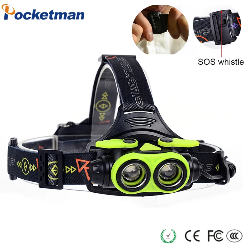 

LED Headlight 2*T6 headlamp Rechargeable Flashlight Zoomable Head lamp 8000Lumen Focus Lantern with SOS Whistle USB Charger