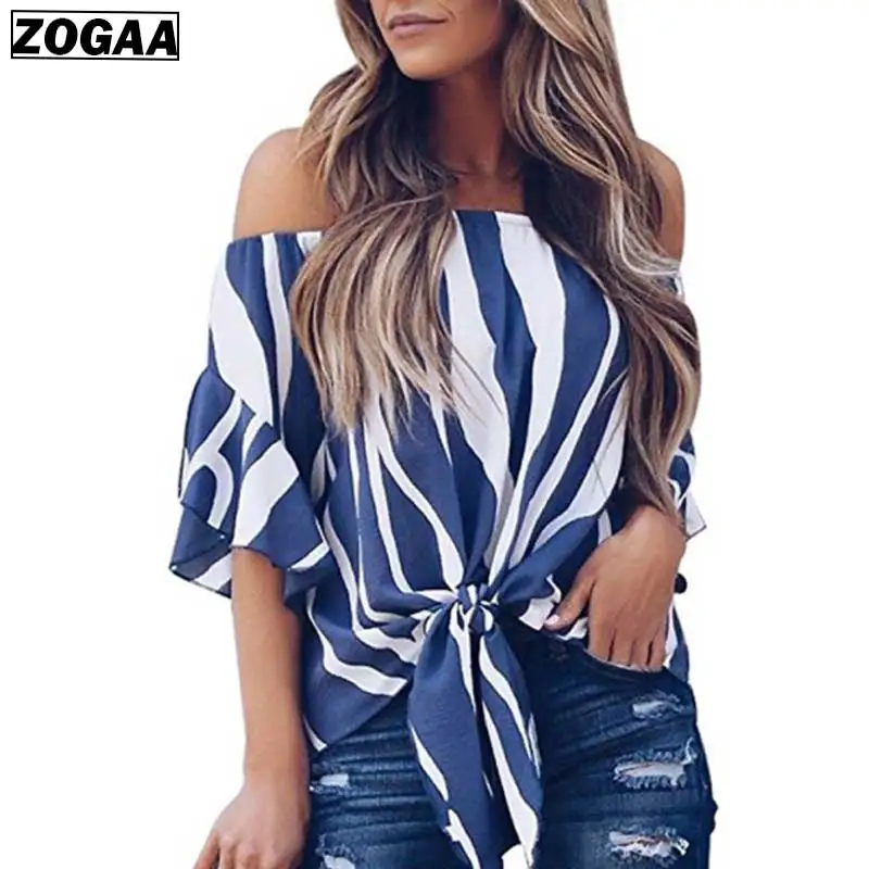 ZOGAA 2019 New Sexy Shoulders Mid-sleeve Lady's Shirts Slash Collar Striped Casual Chiffon Shirt Loose Girl Fashion Clothing ZOGAA 2019 New Sexy Shoulders Mid-sleeve Lady's Shirts Slash Collar Striped Casual Chiffon Shirt Loose Girl Fashion Clothing