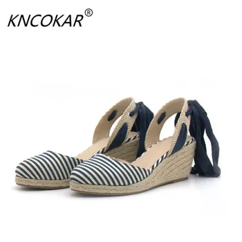 

KNCOKAR The summer new women's shoe wedges and hemp rope grass weaving single shoes cross bandage leisure women's sandals.