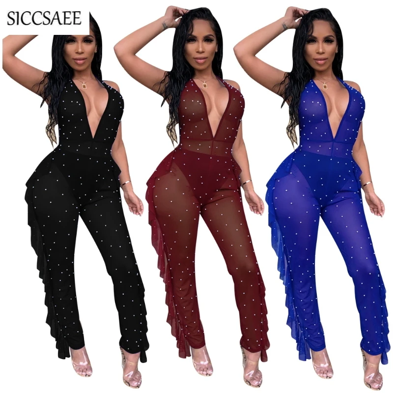 

Pearl Beading Rompers Womens Jumpsuit Halter Bodycon Bodysuit Sexy One Piece Overalls Ruffles Side Club Backless See Through
