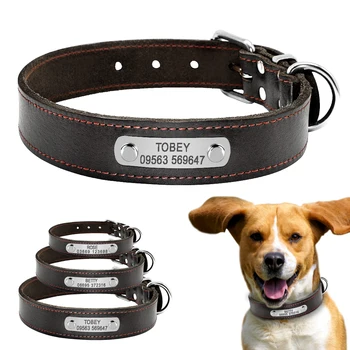 

Genuine Leather Personalized Dog Collar Collars Custom Free Engraveing Name Plate Pet ID Collars For Small Medium Large Dogs