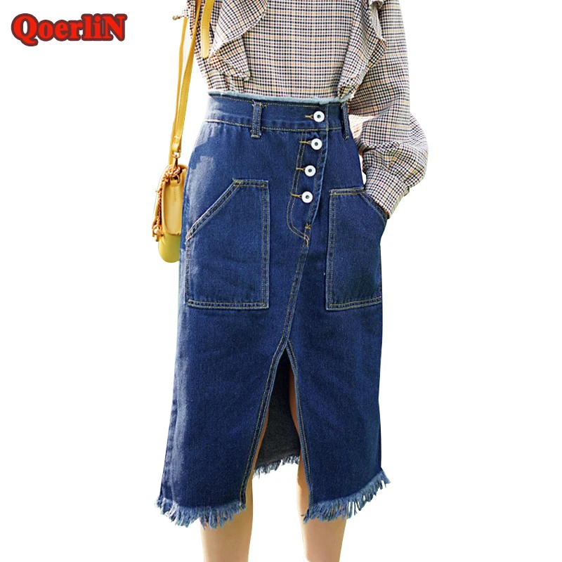 QoerliN Split Sexy High Waist Straight Jeans Skirts Women