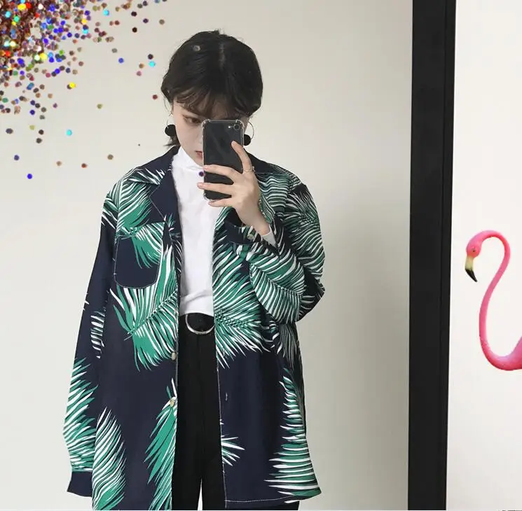 Kopen Lente en herfst leaf print casual lange mouwen losse shirt
