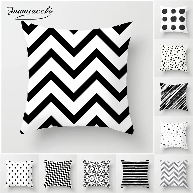 Fuwatacchi Simple Geometric Cushion Covers White and Black Stripe Wove Pillow Case for Home Sofa Chair