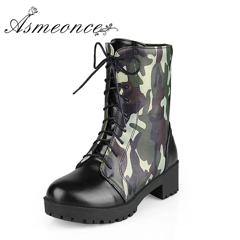 

Woman Mid Calf Boots Winter Warm Short Boots Lace Up Multicolor Camouflage Leather Martin Boot Lady Round Toe Women Spring Shoes