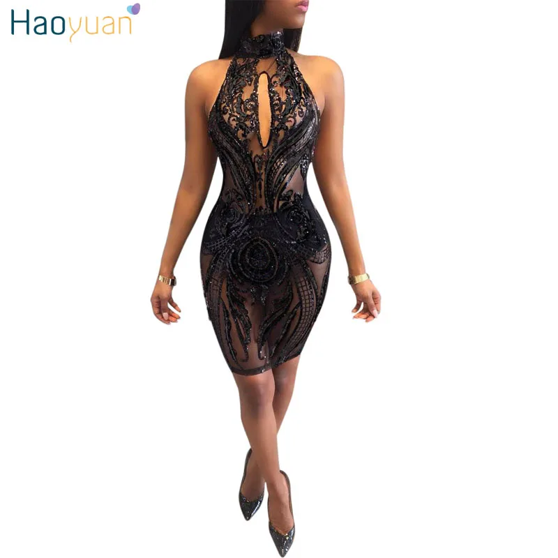 

HAOYUAN Sequin black mesh bodycon dress 2018 Summer robe halter backless sexy dress club wear high quality party dresses vestido
