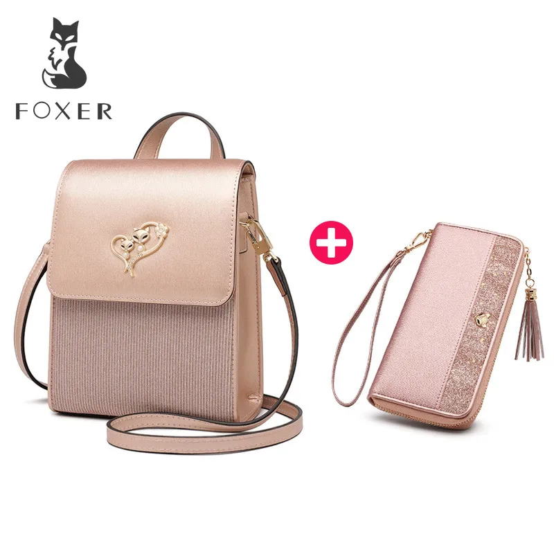 

FOXER Brand Women Shoulder bag and Cluth bag Collocation Rose Gold Shine Fashion Female Leather Crossbody Bag