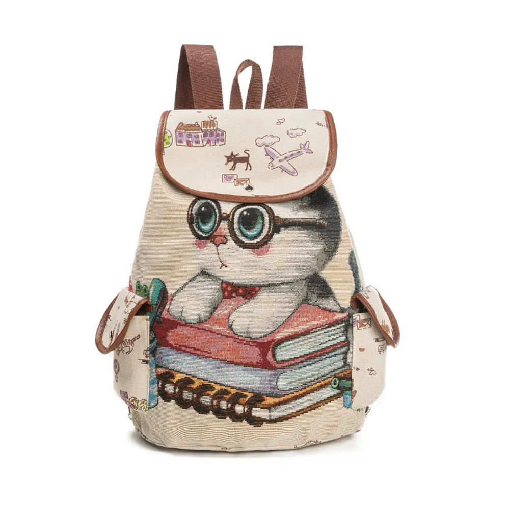

Fashion Women Canvas Cute Cat Printed Shoulder Bag Ladies Casual Travel Backpack Teenager Girls School Bags Big Capacity Popular