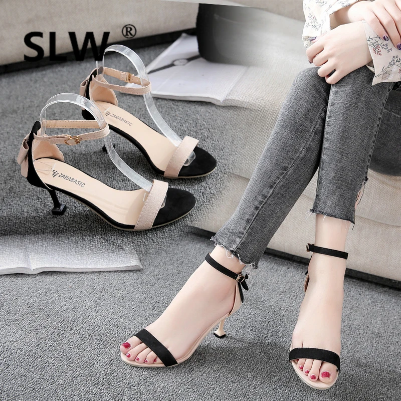 

Flock Butterfly-knot High Fashion korean style color matching toe Thin Heels Solid Color block heel shoes soulier femme strappy