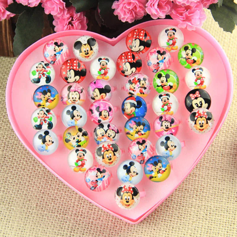 Disney Pretend Play Toy Ring 36pcs/set Child Ring Frozen Elsa Anna Sophia Mickey Minnie Cartoon Pattern Ring Girl Party Gifts