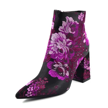 

Maguidern Fashion Ankle Boots for Women 8.5cm block Heels Pointed Toe Floral Embroider Women Booties