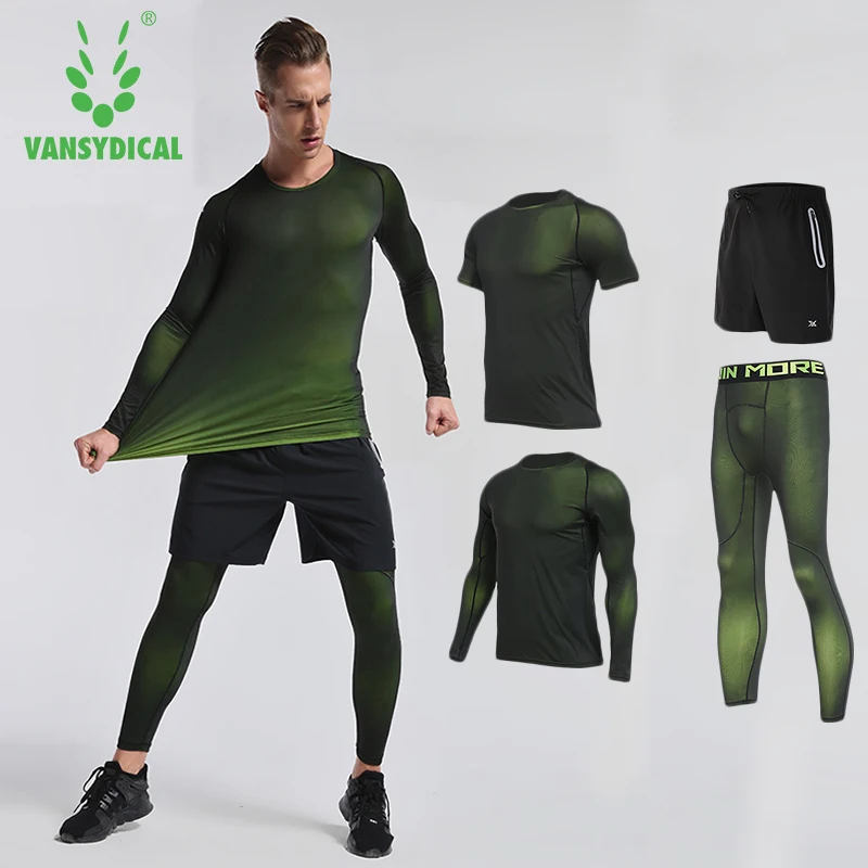 2018 Vansydical Mens Compression Set Running Tights Workout Fitness Training Tracksuit Long Sleeves Shirts Sport Suit Rashgard | Спорт и