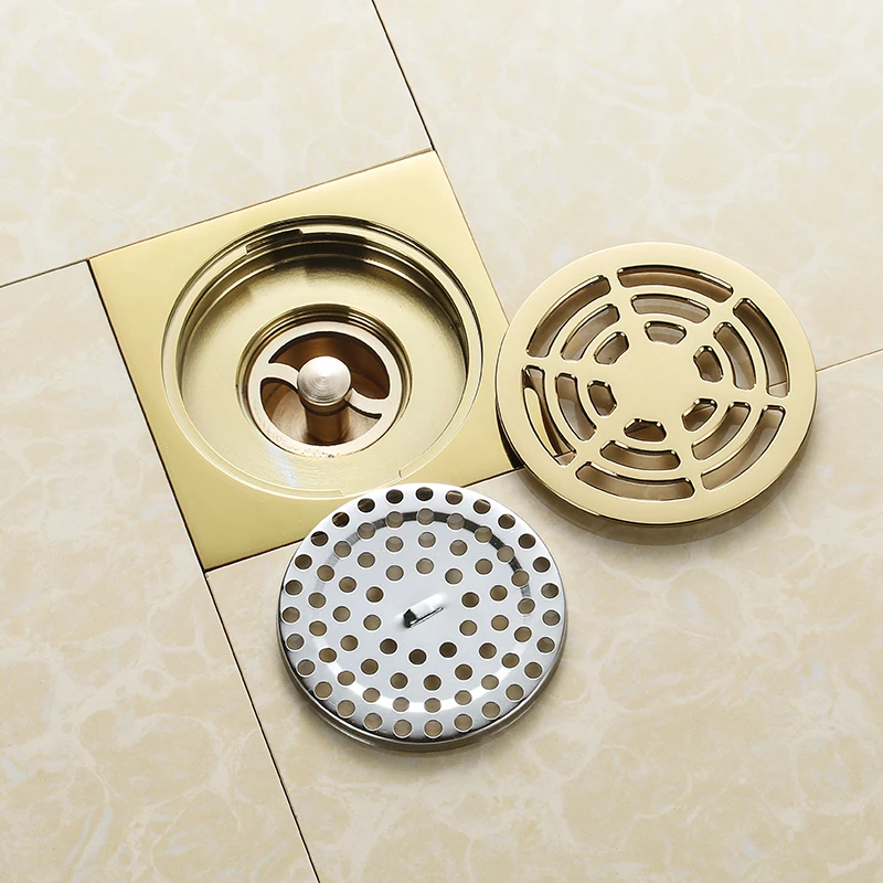 

Luxury gold solid brass 100 x 100mm 4 inch square anti-odor floor drain golden bathroom shower drain shower room drainer cover