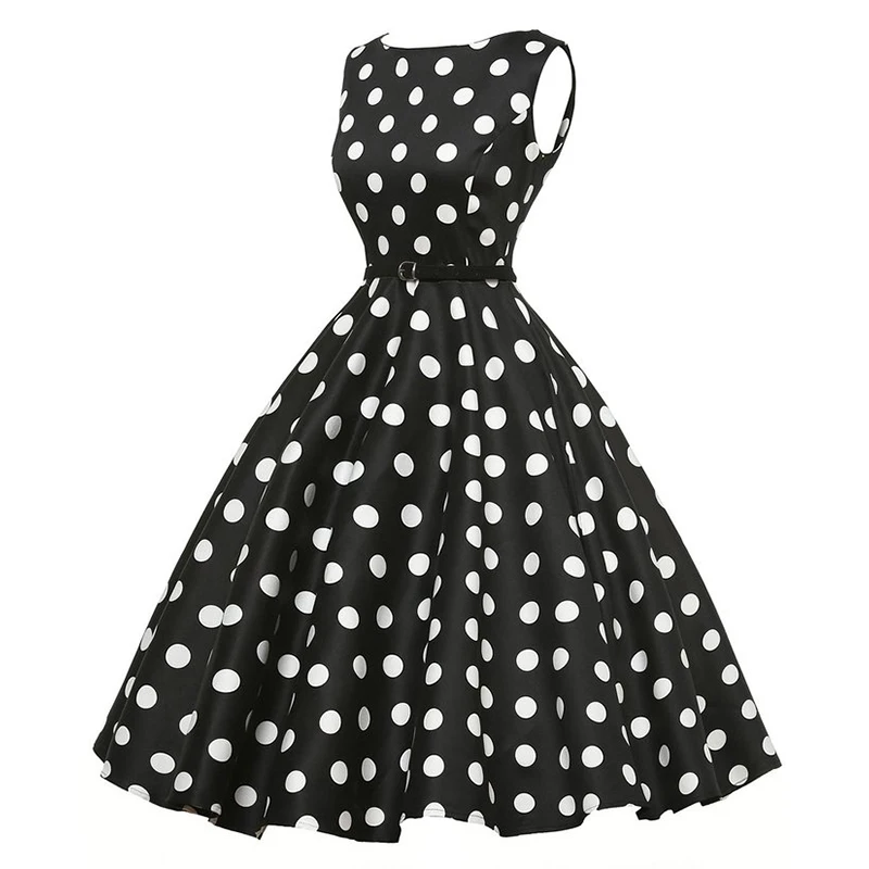 Kostlich 2018 Women Dot Printed Big Swing Dress Summer O-Neck Casual Ladies Dresses Hepburn Vintage Dress With Sashes Plus Size  (3)