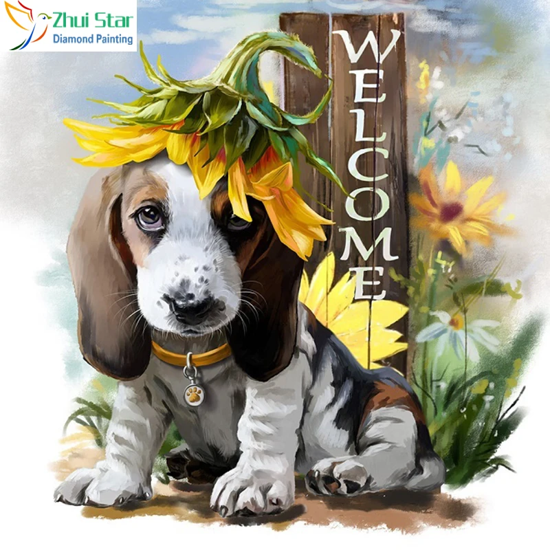 

Zhui Star 5D Diy full Square drill diamond painting Cross stitch Lovely Dog & Flower embroidery Rhinestone Mosaic home decor zx